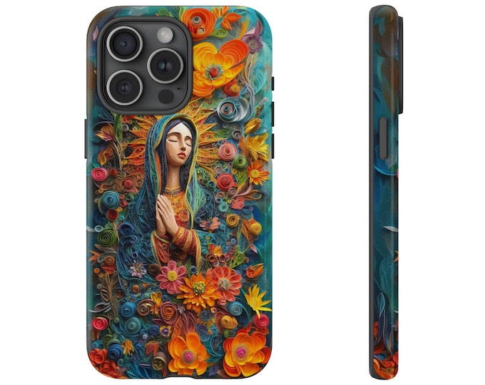 Virgin Mary Flowers Phone Case | iPhone, Samsung Galaxy, Pixel | Paper Quilling Our Lady Guadalupe Catholic Floral Design Tough Cover