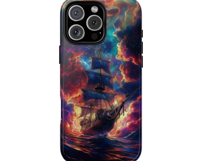Pirate Ship Sailing Cosmic Clouds Neon Ocean Phone Case: iPhone, Galaxy, Pixel - Lifetime Warranty