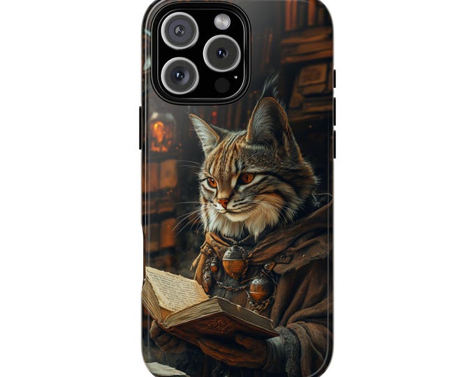 Lynx Cat Spell Caster Wizard Library Books Phone Case: iPhone, Galaxy, Pixel - Lifetime Warranty