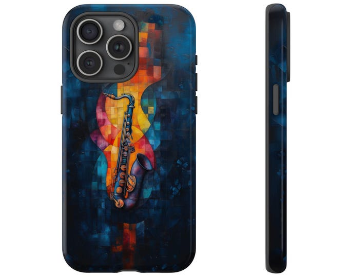 Saxophone Artistic Music Case, Sax Jazz Midnight Fusion Cover, Dark Blue Orange Art Design - Phone Case for Samsung Galaxy, iPhone, Pixel