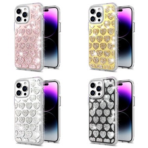 Phone Case for iPhone 15 Pro Max, 15 Pro, 15 Plus, 15 - Diamond Bling Glitter Dual Layer Protection Sparkle Cute Women Girls Cover - Hearts