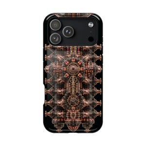 May include: A smartphone case featuring a complex mechanical design with copper and dark metallic gears, pipes, and valves arranged in a symmetrical pattern against a black background, creating a detailed industrial aesthetic on the back surface.
