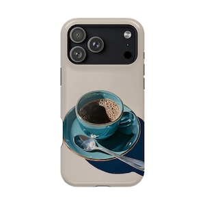 Teal Cup Black Coffee Metallic Spoon Phone Case for iPhone 18 Pro Max, Galaxy S26 Ultra, Pixel 11 Pro XL, MagSafe Compatible