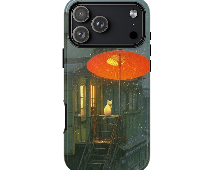 White Cat Umbrella Rain Phone Case: iPhone, Galaxy, Pixel - Lifetime Warranty