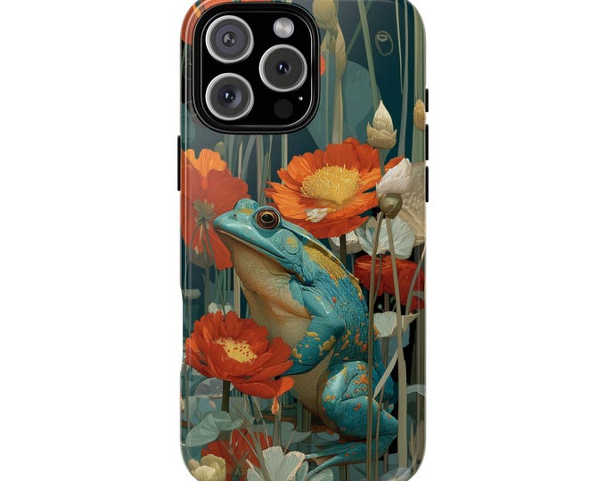 Whimsical Teal Frog Wildflowers Red Floral Phone Case for iPhone | Samsung Galaxy | Google Pixel