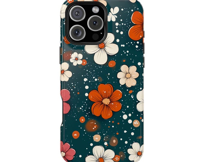 Orange White Whimsical Flowers Teal Phone Case: iPhone, Galaxy, Pixel - Lifetime Warranty