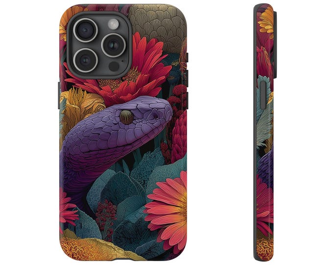 Purple Snake Colorful Flower Garden Floral Serpent Phone Case: iPhone, Galaxy, Pixel - Lifetime Warranty