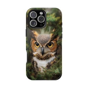 Great Horned Owl Hidden Pine Trees - Phone Case for iPhone 16 16e 15 14 13 Pro Max | Galaxy S25 S24 | Pixel 9 9a | Wireless Charging