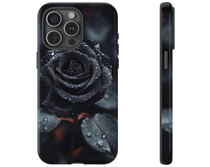 Black Rose Phone Case | iPhone, Samsung Galaxy, Pixel | Dark Garden Flowers Rain Drops Dew Droplets Wet Floral Design | Tough Cover