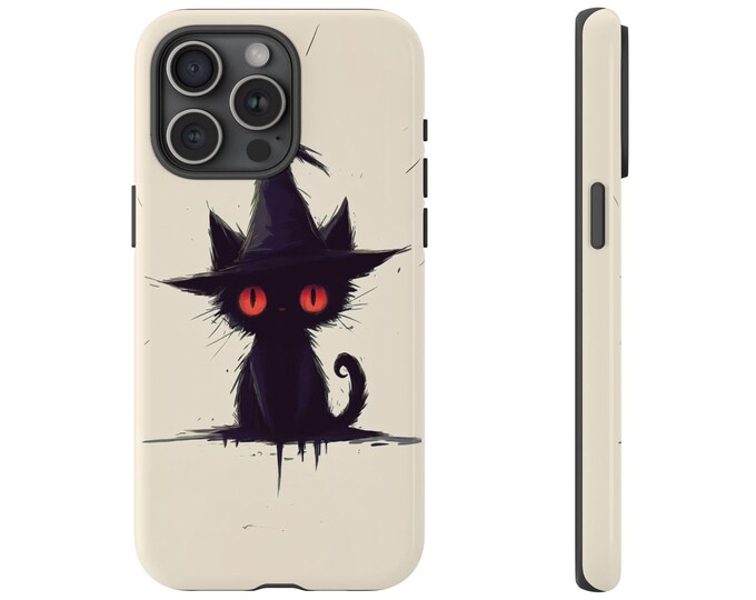 Cute Black Cat Phone Case | iPhone, Samsung Galaxy, Pixel | Halloween Cute Spooky Kitty Witch Hat Kitten Orange Eyes Design | Tough Cover
