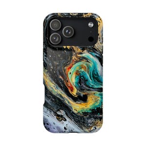 May include: A smartphone case featuring a vibrant abstract fluid art design with swirling patterns of black, turquoise, gold, and orange. The case has a rectangular shape with rounded corners and a cutout for a triple-lens camera system.