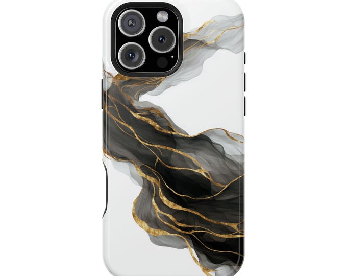 Gold Accents Black Ink White Flow Phone Case: iPhone, Galaxy, Pixel - Lifetime Warranty
