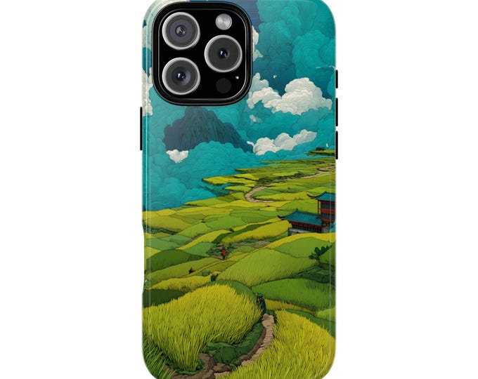 Green Grassy Field Abstract Teal Clouds Phone Case: iPhone, Galaxy, Pixel - MagSafe Compatible