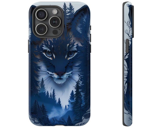 Blue Bobcat Wilderness Cat Silhouette Phone Case: iPhone, Galaxy, Pixel - Lifetime Warranty
