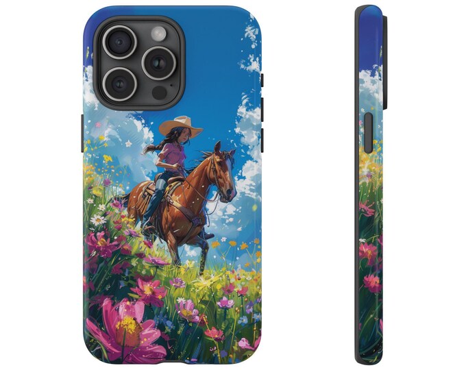 Cowgirl Riding Horse Phone Case | iPhone, Samsung Galaxy, Pixel | Western Flower Field Wildflowers Anime Cowboy Girl Design | Tough Cover
