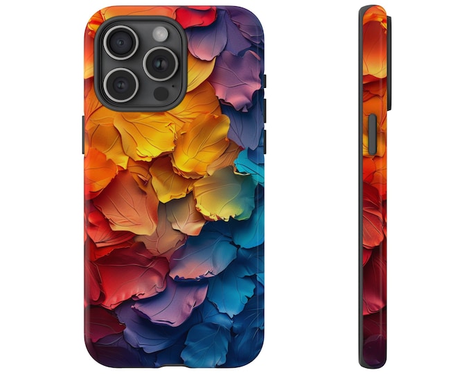 Phone Case for Galaxy S25 S24 S22 iPhone 15 14 13 12 11 Pro Max XR XS SE Plus Pixel 8 7 6 | Tough Cover - Orange Blue Pastel Paint Leaves