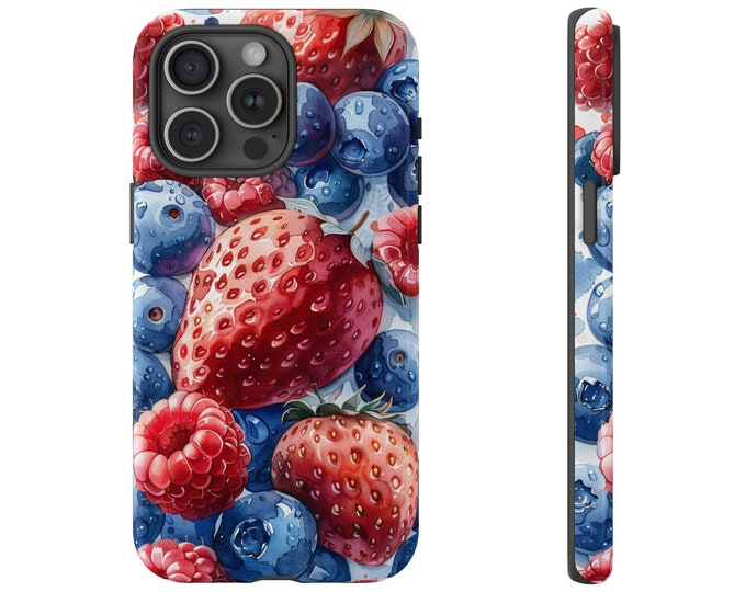 Fruit Strawberry Blueberry Raspberry Watercolor Phone Case: iPhone, Galaxy, Pixel - Lifetime Warranty