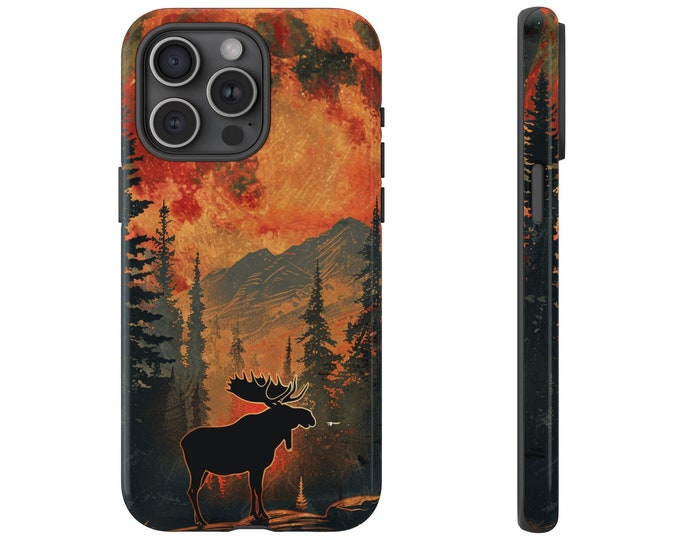 Moose Forest Nature Blood Red Moon Phone Case: iPhone, Galaxy, Pixel - Lifetime Warranty
