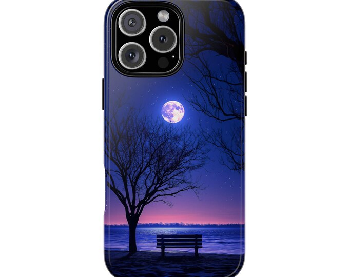 Moonlit Beach Bench Trees Starry Night Waters Phone Case: iPhone, Galaxy, Pixel - Lifetime Warranty