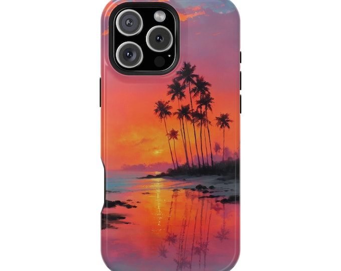 Tropical Beach Palm Tree Orange Sunset Phone Case: iPhone, Galaxy, Pixel - Lifetime Warranty