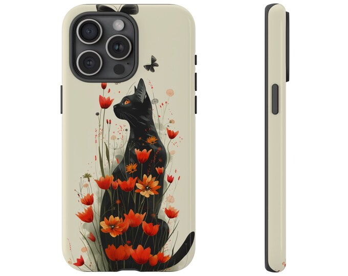 Black Cat Painting Tulip Flowers Phone Case: iPhone, Galaxy, Pixel - Lifetime Warranty