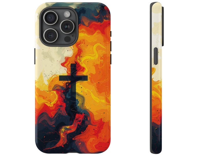 Orange Waves Cross Case | iPhone, Samsung Galaxy, Pixel | Christian Cross Orange Ink Paint Art Jesus Christ Religious Design Tough Cover