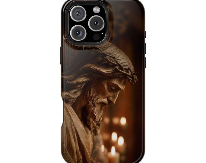 Jesus Christ Wooden Sculpture Carving Phone Case: iPhone, Galaxy, Pixel - Lifetime Warranty