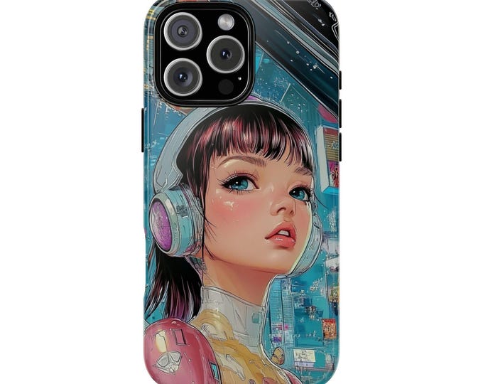 Anime Girl Headphones Pink Teal Digital Phone Case: iPhone, Galaxy, Pixel - Lifetime Warranty