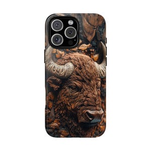 Buffalo Wooden Carving Carved Wood Phone Case: iPhone, Samsung Galaxy, Pixel