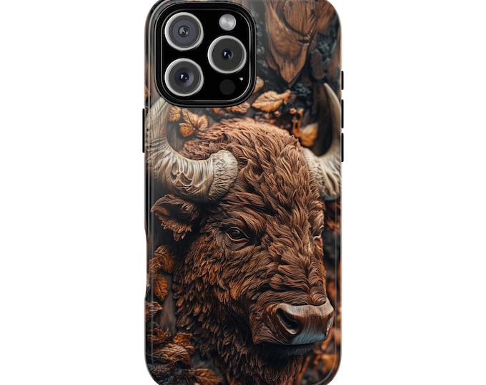 Buffalo Wooden Carving Carved Wood Phone Case: iPhone, Galaxy, Pixel - Lifetime Warranty