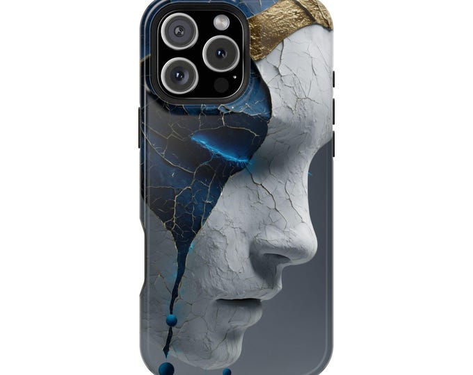 Cracked Marble Blue Masked Figure Phone Case: iPhone, Galaxy, Pixel - Lifetime Warranty