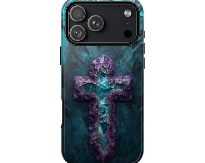 Purple Teal Crystal Geode Cross Faith Phone Case: iPhone, Galaxy, Pixel - Lifetime Warranty