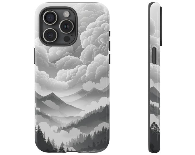 Cloudy Storm Mountain Forest Black White Phone Case: iPhone, Galaxy, Pixel - Lifetime Warranty