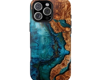 Teal Blue Wood Resin Marble UV Print Phone Case - iPhone 17 Air 16 16e 15 14 13 12 11 Pro Max Samsung Galaxy S25 S24 Pixel 9a