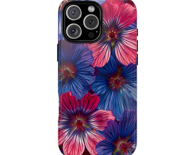 Botanical Geranium Pink Blue Tropical Flowers Phone Case: iPhone, Galaxy, Pixel - Lifetime Warranty