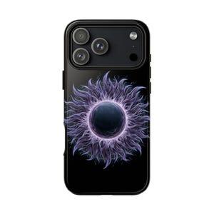 May include: A black smartphone case featuring a central graphic of a dark circular orb surrounded by radiating purple flames or light rays. The design is set against a solid black background, with the camera lens array visible at the top.