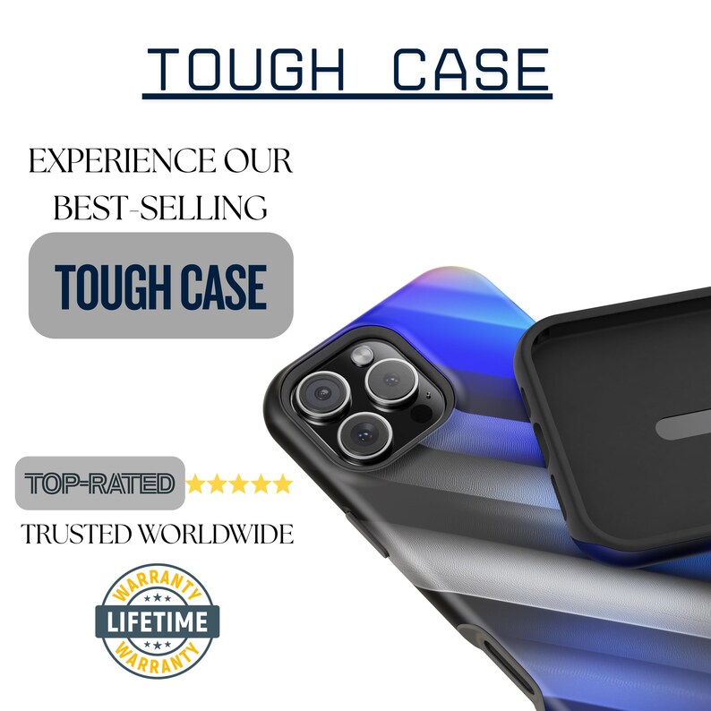 The image is an advertisement for a "Tough Case" for an iPhone, highlighting its durability and top-rated quality.