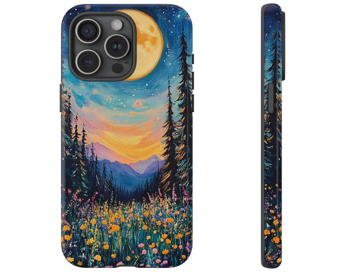 Vibrant Wilderness Phone Case | iPhone, Samsung Galaxy, Pixel | Oil Painting Evening Moon Wildflower Forest Woods Design | Tough Cover
