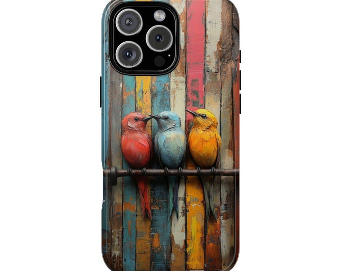 Three Colorful Birds Red Blue Yellow Phone Case: iPhone, Galaxy, Pixel - Lifetime Warranty