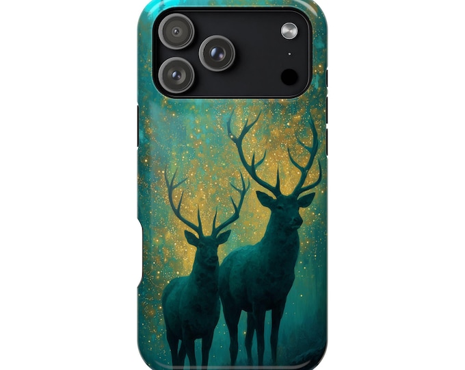 Deer Stags Emerald Gold Forest Phone Case: iPhone, Galaxy, Pixel - Lifetime Warranty