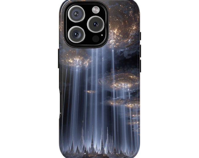 Cosmic Metropolis Spires Light Beams Phone Case: iPhone, Galaxy, Pixel - MagSafe Compatible