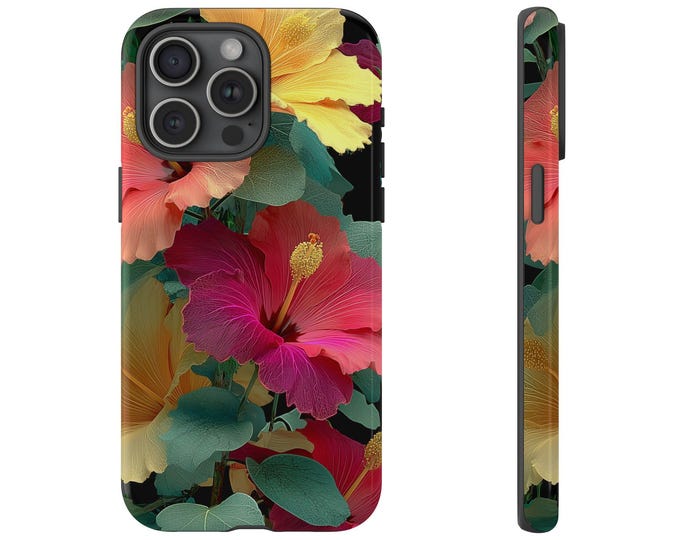 Tropical Hibiscus Floral Pink Yellow Green Flowers Phone Case: iPhone, Galaxy, Pixel - Lifetime Warranty