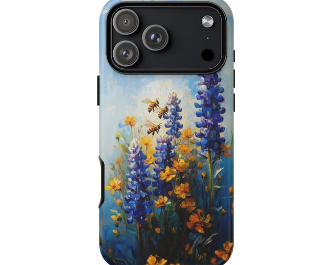 Bees Blue Flower Oil Painting Floral Phone Case: iPhone, Galaxy, Pixel - Lifetime Warranty