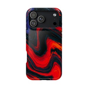 May include: A smartphone case featuring a vibrant abstract pattern of swirling red, black, and deep blue colors. The design covers the entire back of the case, which includes a rectangular camera cutout at the top left with three circular lenses.
