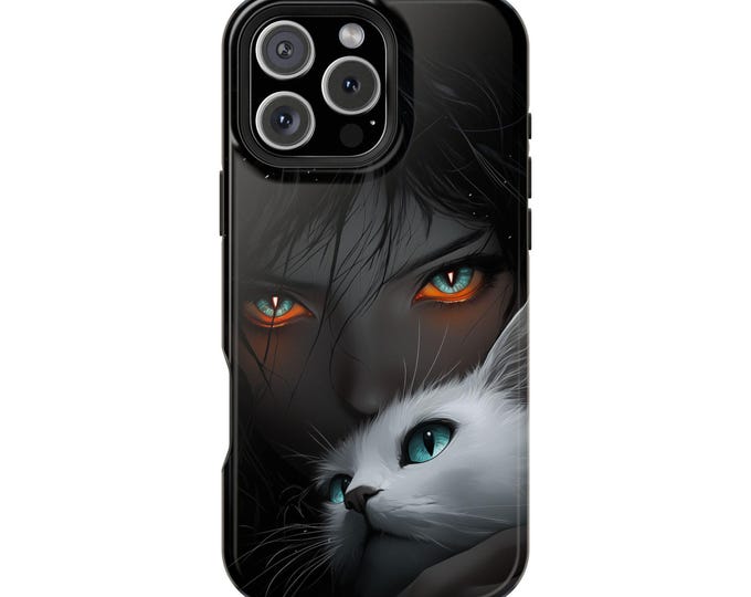 Girl with White Cat Teal Eyes Orange Glow Woman Phone Case: iPhone, Galaxy, Pixel - Lifetime Warranty
