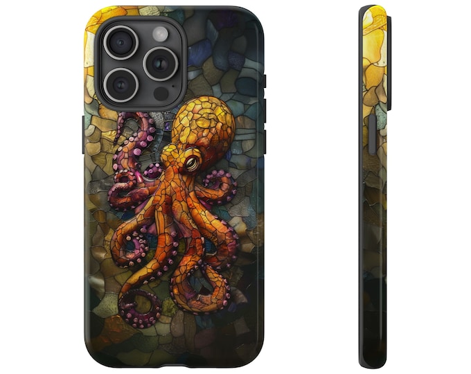 Octopus Cephalopod Yellow Purple Stained Glass Phone Case: iPhone, Galaxy, Pixel - Lifetime Warranty