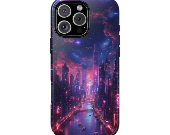 Cityscape Neon City Buildings Harbor Phone Case: iPhone, Galaxy, Pixel - Lifetime Warranty