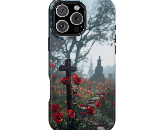 Red Rose Graveyard Cross Christian Phone Case: iPhone, Galaxy, Pixel - Lifetime Warranty