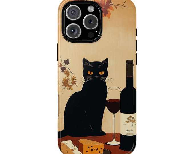 Black Cat Cheese Wine Minimalist Art Phone Case: iPhone, Galaxy, Pixel - Lifetime Warranty