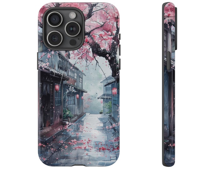 Phone Case for Galaxy, iPhone, Pixel | Old Japan Village Town Alley in Rain with Sakura Cherry Blossom Flowers | Tough Cover Protector